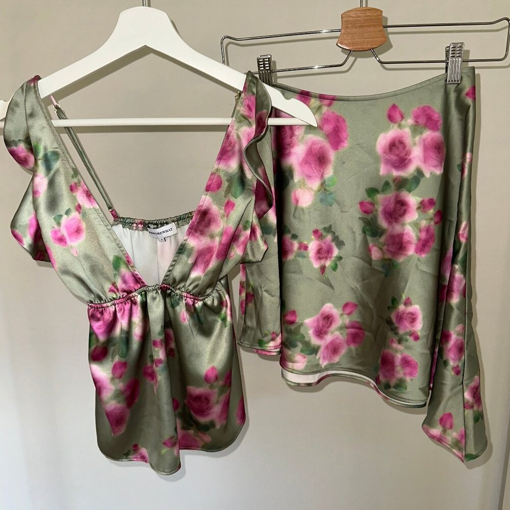 WeWoreWhat Asymmetrical Slip Mini Skirt & Ruffle Silky Top SET